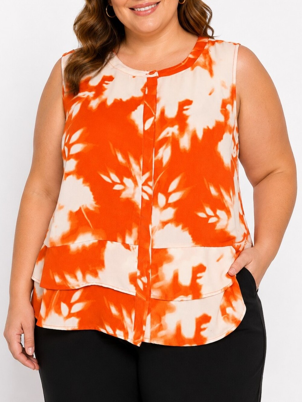 Simply Vera Vera Wang Orange and White Sleeveless Ruffle-Hem Blouse NWT